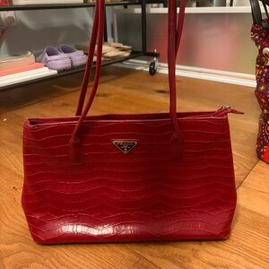 Prada Red Crocodile-Embossed Shoulder Bag
